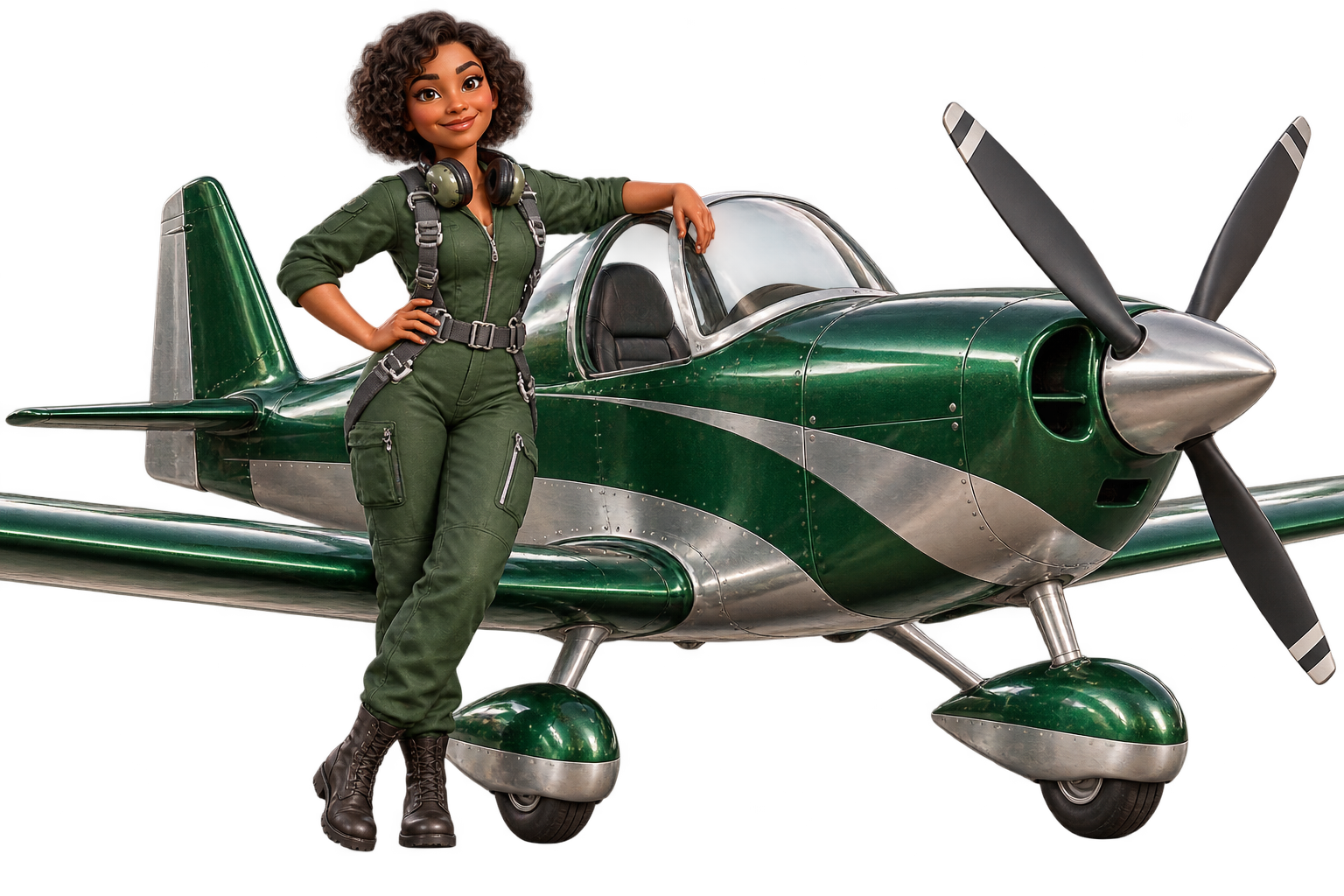 Pilota Luna, de macacão verde, junto de seu avião verde e prata
